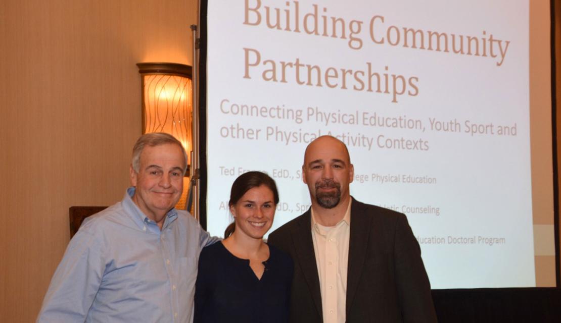 Al Petitpas and Ted France, Springfield College professors, with doctoral student Maura Bergin, at the New York State Association for Health, Physical Education, Recreation and Dance Conference.