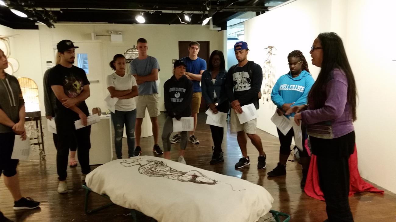 Artist Judy Shintani speaking with Springfield College students on September 21.