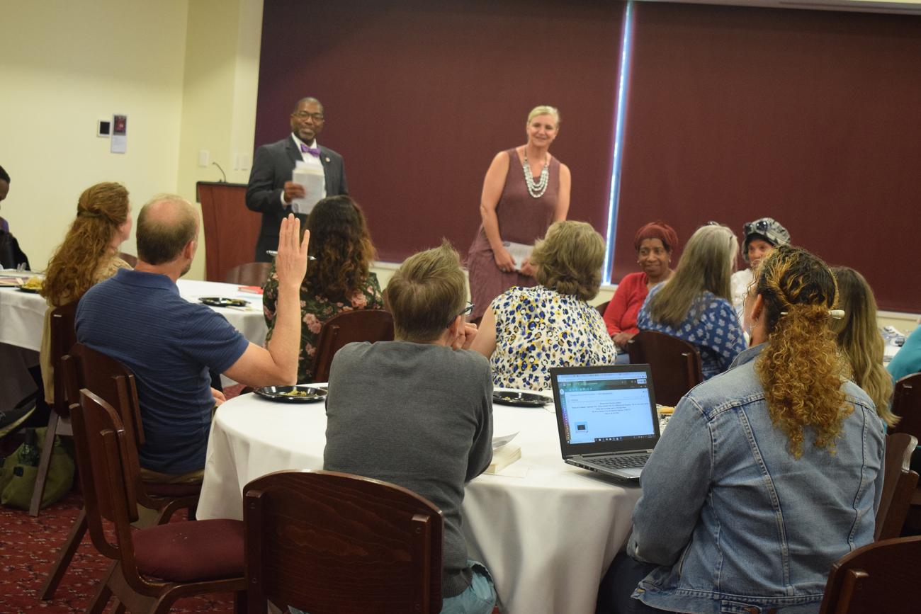 On Wednesday, September 11, Springfield College Vice President for Inclusion and Community Engagement Calvin Hill and Springfield College Counseling Program Director Allison Cumming-McCann hosted a luncheon and discussion surrounding Debby Irving’s upcoming lecture at Springfield College.