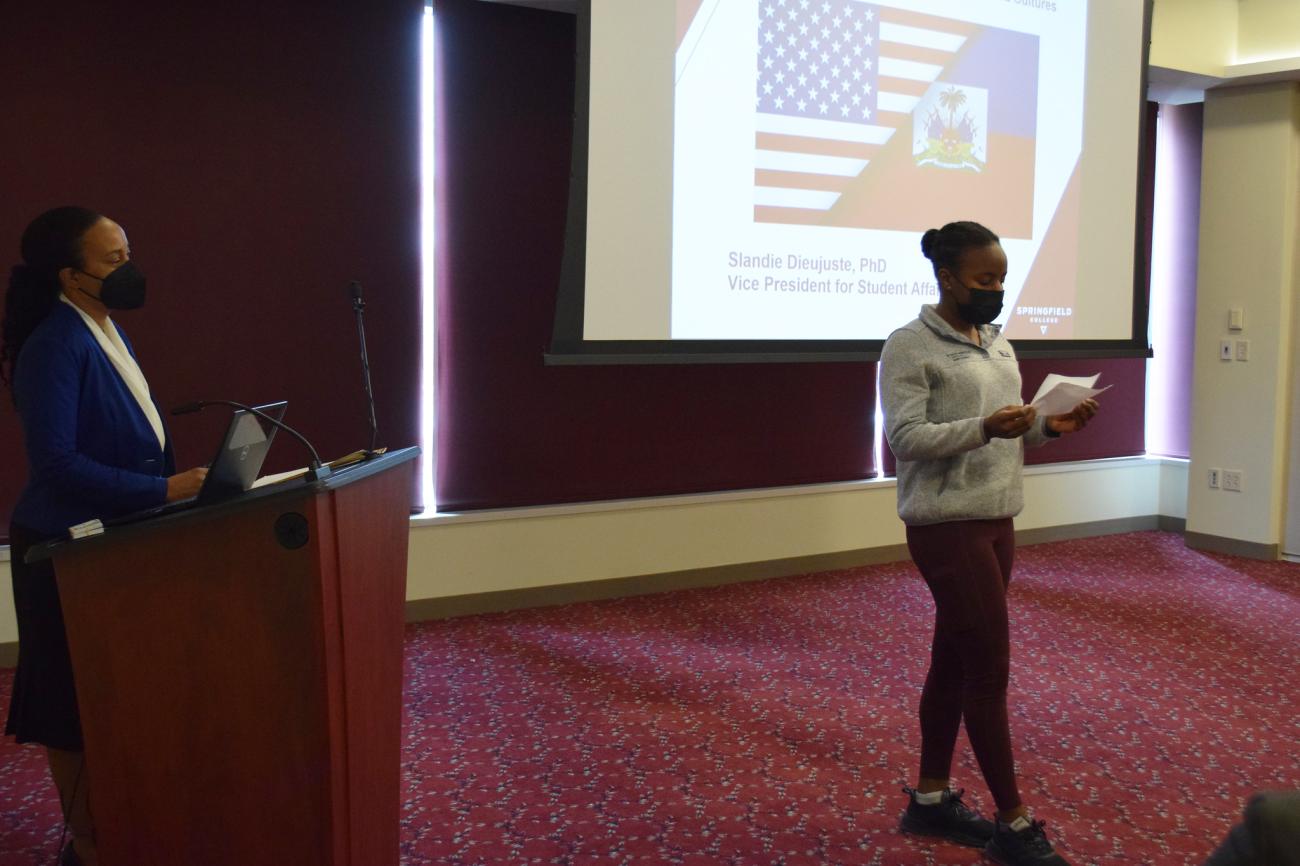 On Thursday, Feb. 10, Slandie Dieujuste, PhD, Springfield College Vice President for Student Affairs, hosted a presentation titled, "The Haitian Diaspora: The Art of Thriving Between Two Worlds and Cultures."