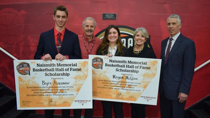 Springfield College and the Naismith Memorial Basketball Hall of Fame presented the seventh annual Naismith Memorial Basketball Hall of Fame Scholarship to Springfield College sport management students Bryce Alexander and Megan McGloin. The formal presentation was made during the 2019 Spalding Hoophall Classic at Blake Arena.