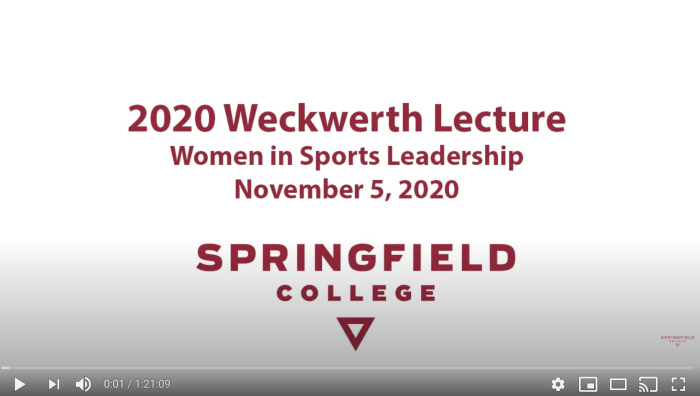 The Springfield College Department of Sport Management and Recreation hosted its annual Weckwerth Lecture on Thursday, Nov. 5, 2020, titled "Women in Sport Leadership." 