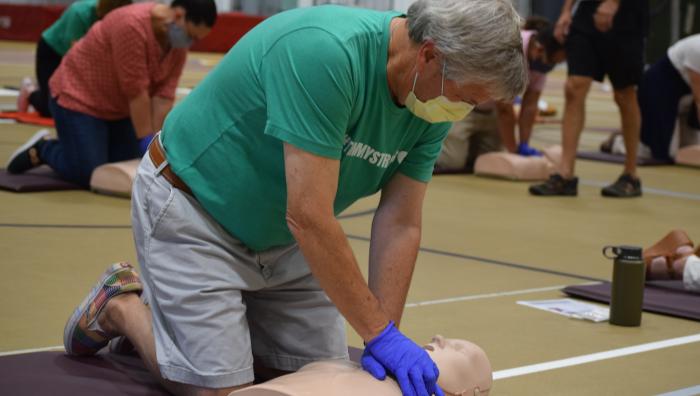 Springfield College opened its free CPR training event on campus on Thursday, Sept. 2 with Springfield College business professor and Springfield City Councilor Tim Allen and Springfield College President Mary-Beth Cooper participating and welcoming attendees. 