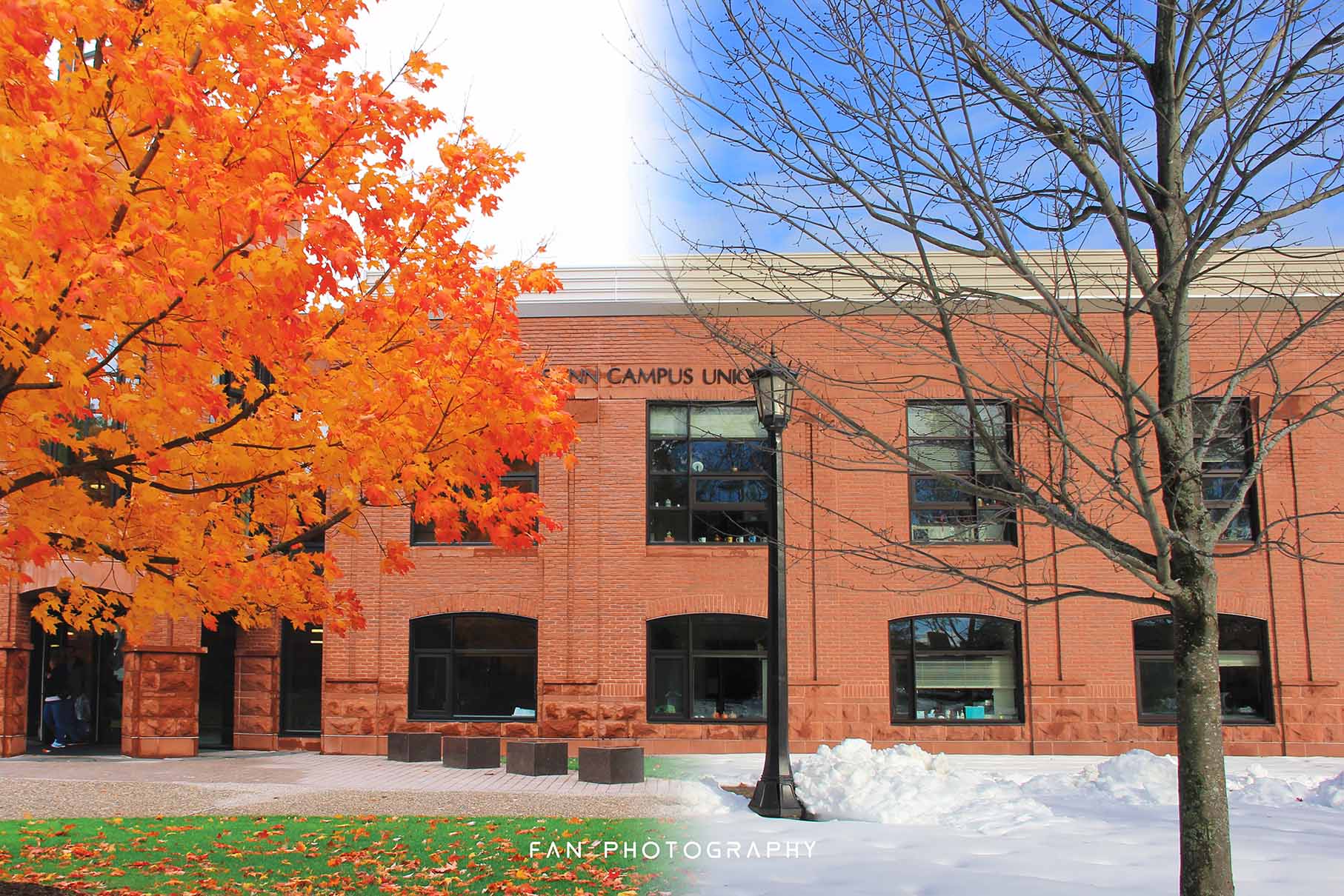 A photo showing both fall and winter on the Springfield College campus. 