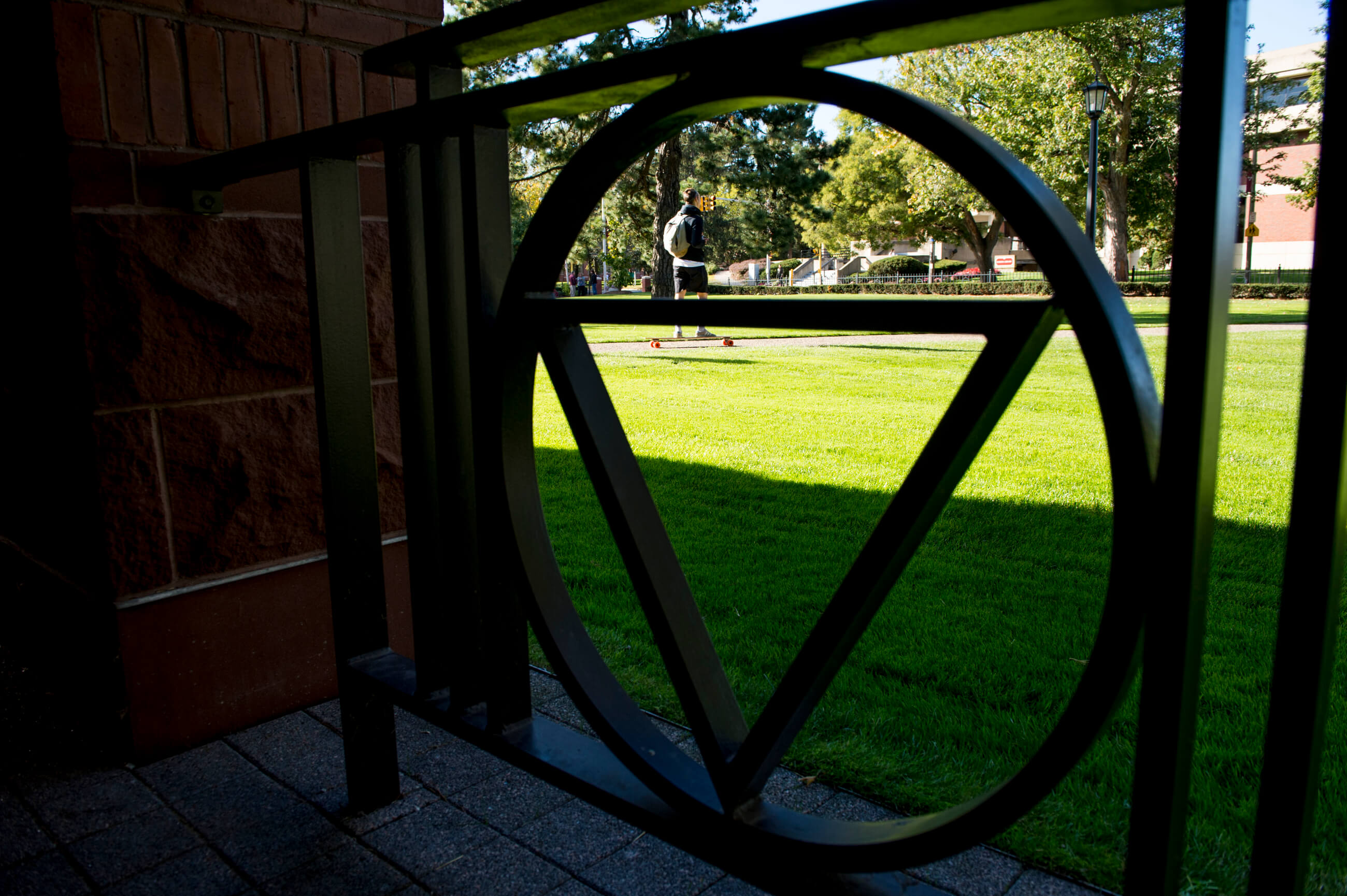 Looking through the Gulick triangle image on the fence. 