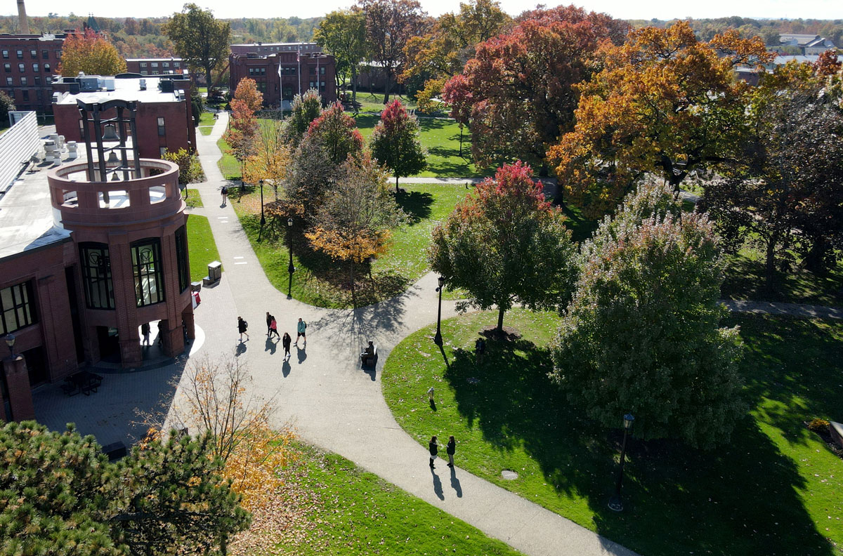 An arial shot of the Springfield College Naismith Green