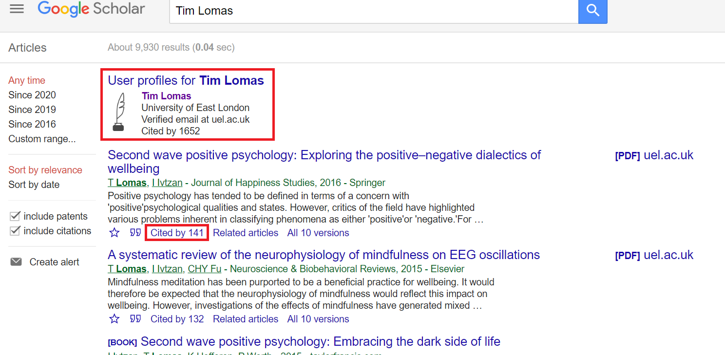 Tim Lomas Google Profile in red box. 
