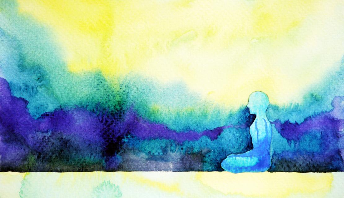 Watercolor of person meditating. 