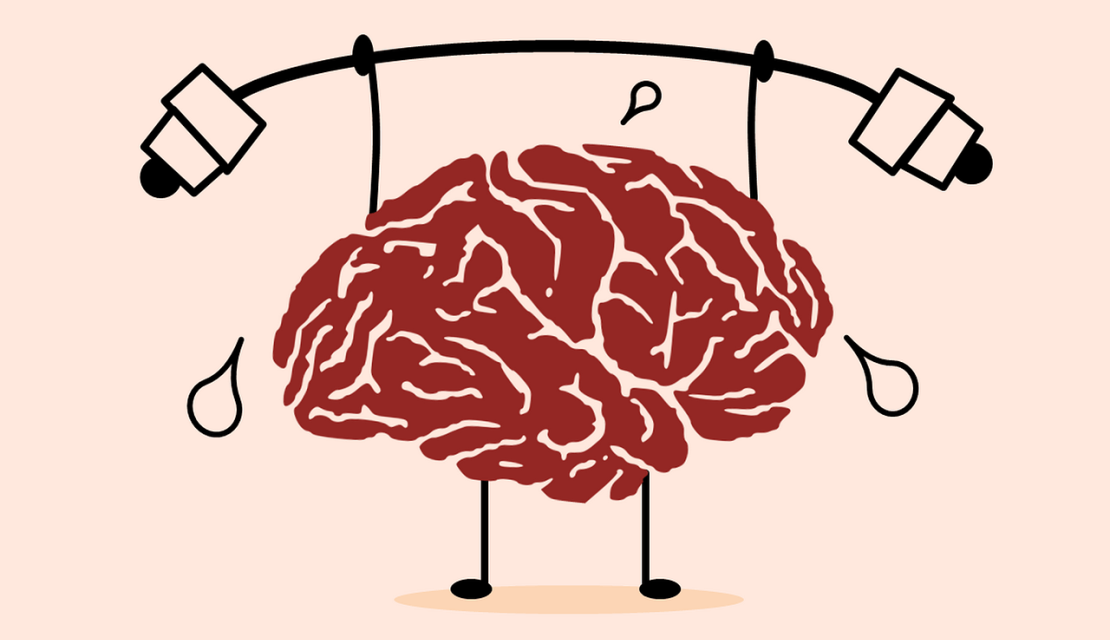A cartoon image of a brain lifting weights. 