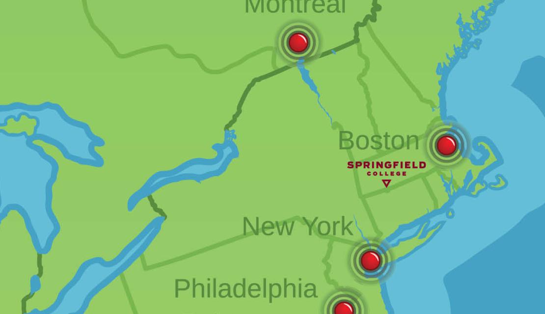 Map of Springfield College in New England. 
