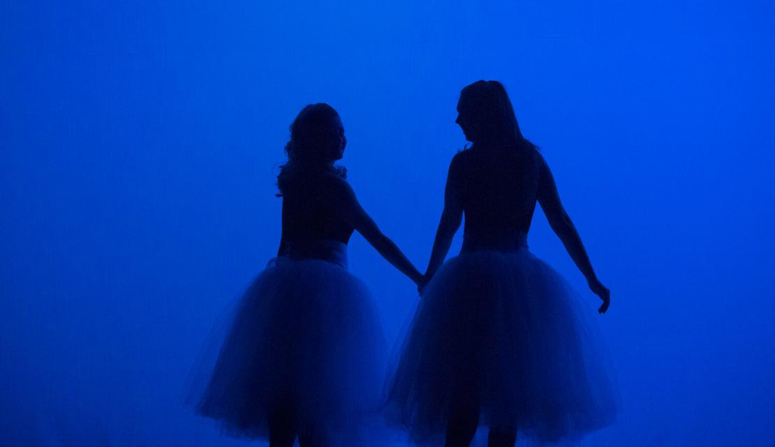 Two dancers stand in the shadows on stage wearing large tutus. 