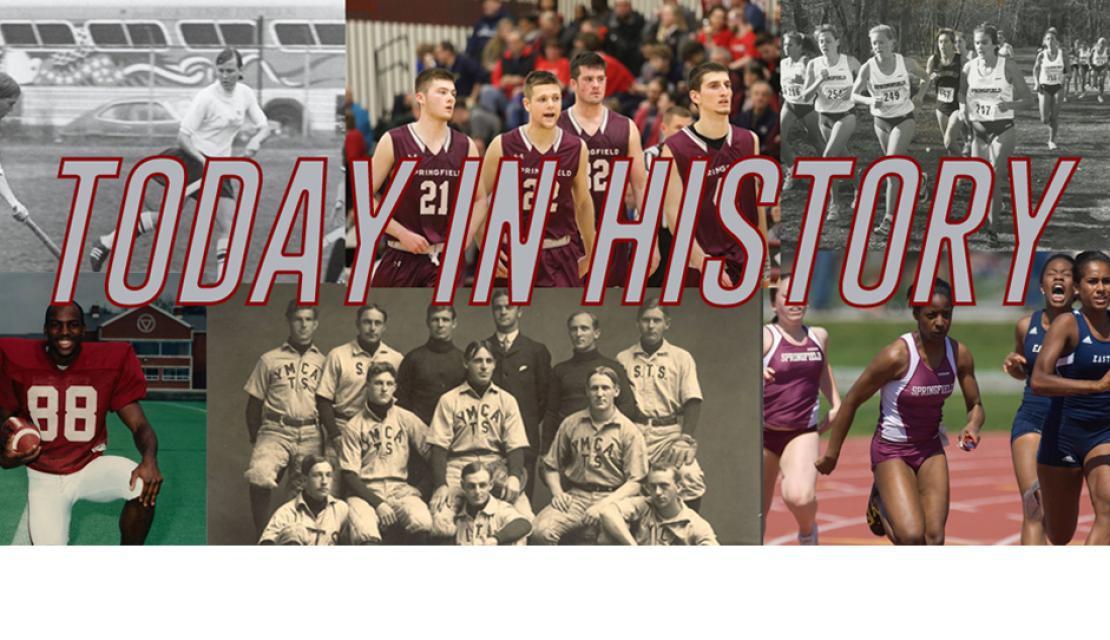 a montage of different historic black and white and color images of male and female student-athletes, including football, field hockey, volleyball, and track and field, with the headline Today in History over the photos