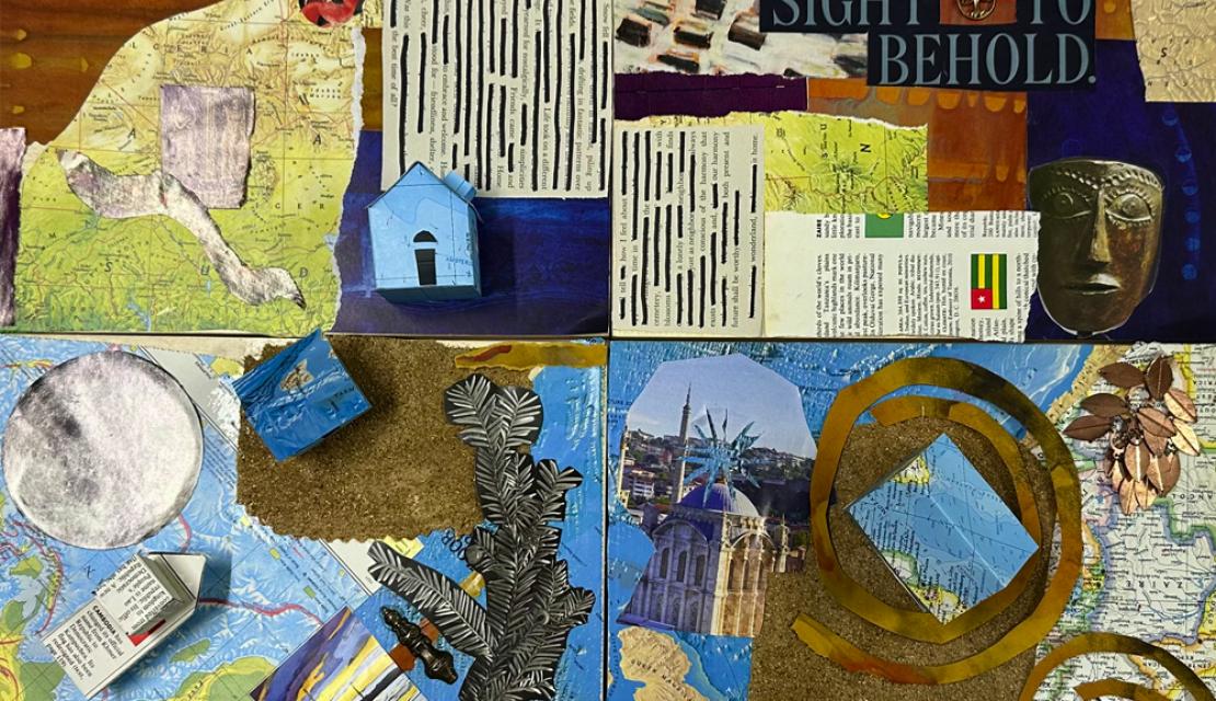 photo of four collage panels created by a Graduate Art Therapy student