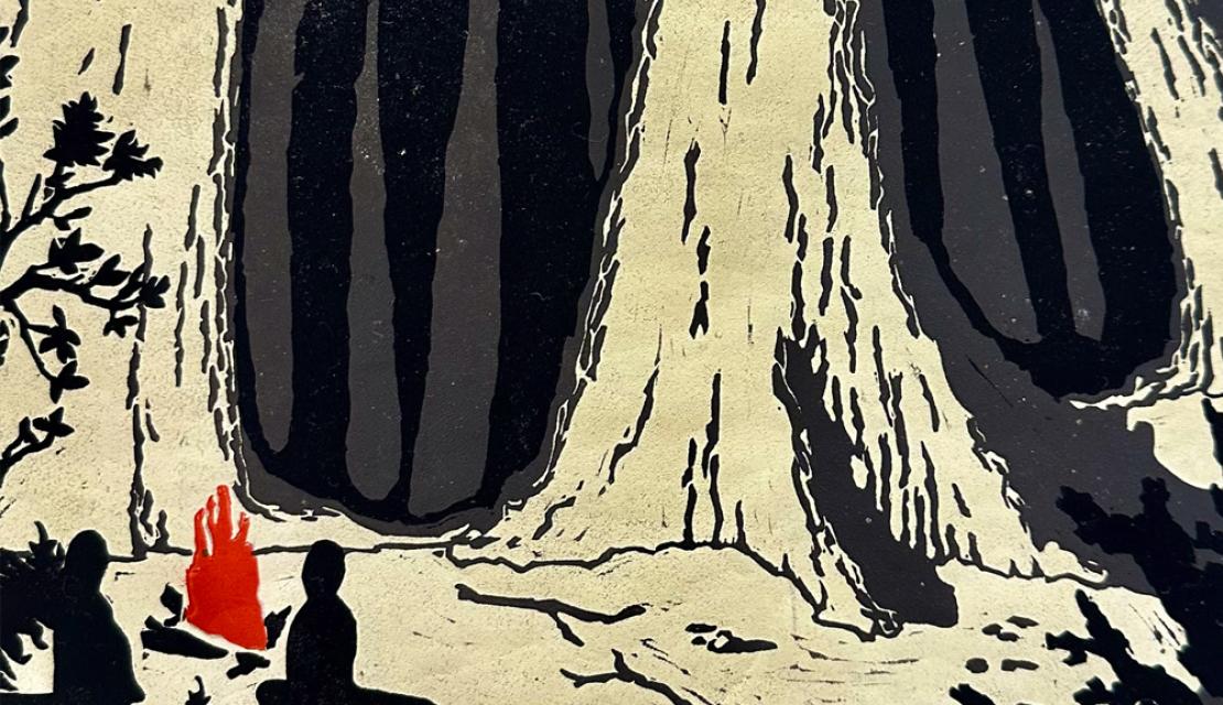 a piece of screen printed art showing two human silhoouettes sitting by a fire amongst giant trees