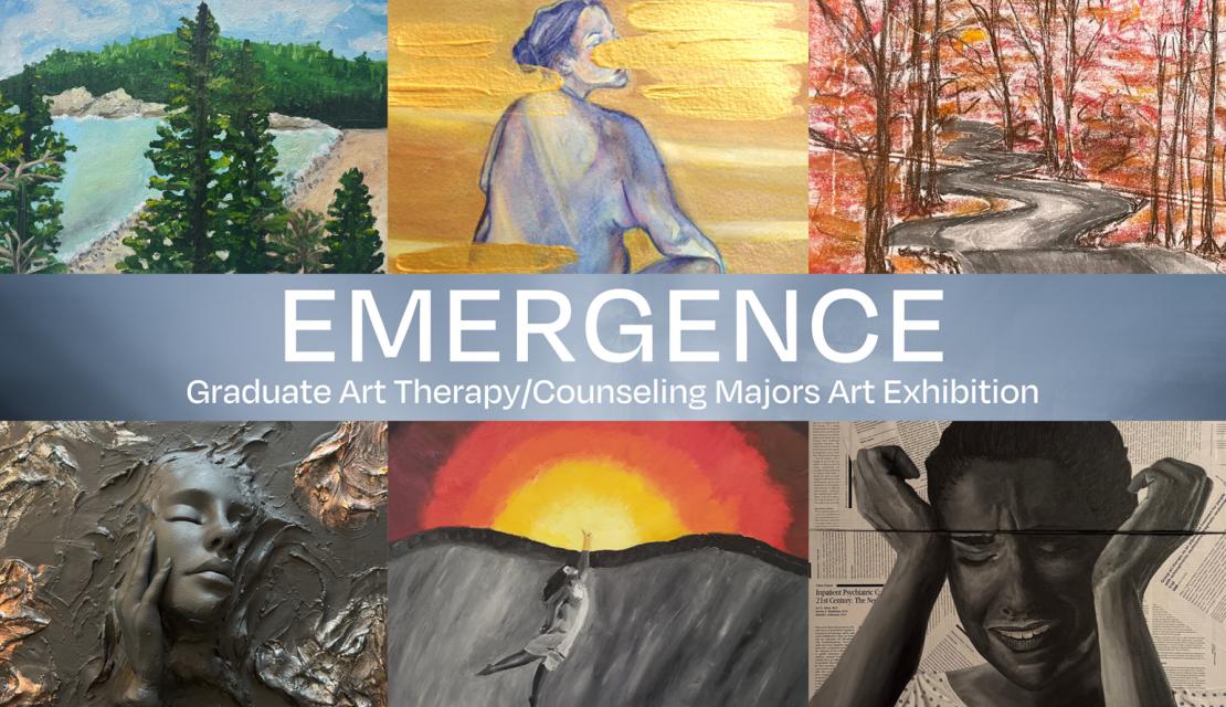 a montage of artwork created by the exhibiting Graduate Art Therapy/Counseling Students with the word Emergence 