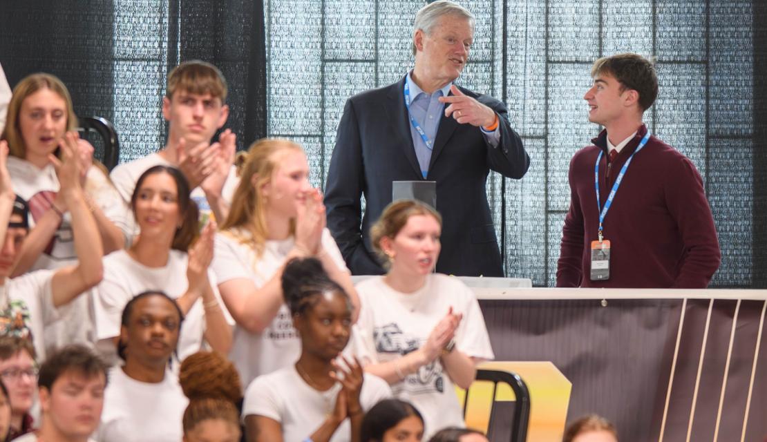 NCAA president Charlie Baker, left, talks with Dante Lafrate, a Springfield College student trustee and Communications and Sports Journalism major during the NCAA Division III Men’s Volleyball championship at Blake Arena in Springfield, Mass., on Thursday, April 23, 2026.