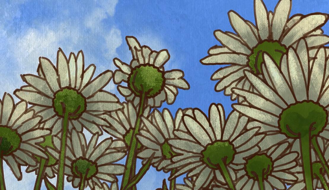 a painting of flowers reaching up to a bright blue sky