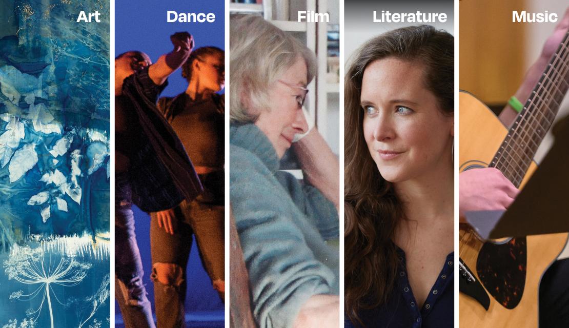 a montage of photos representing art, dance, film, literary, and music events