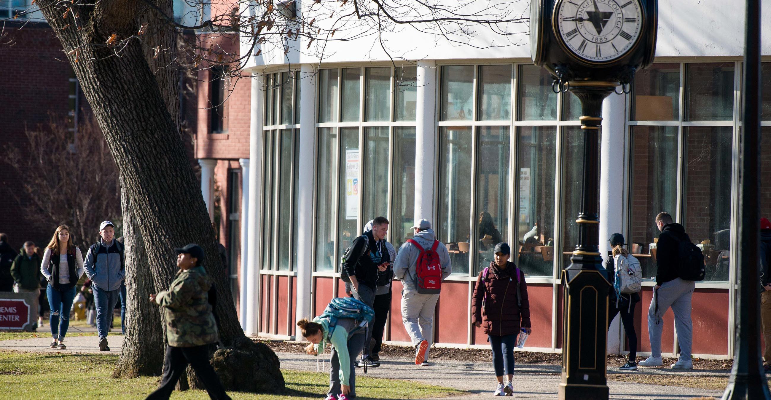 Students walking around the Springfield College campus