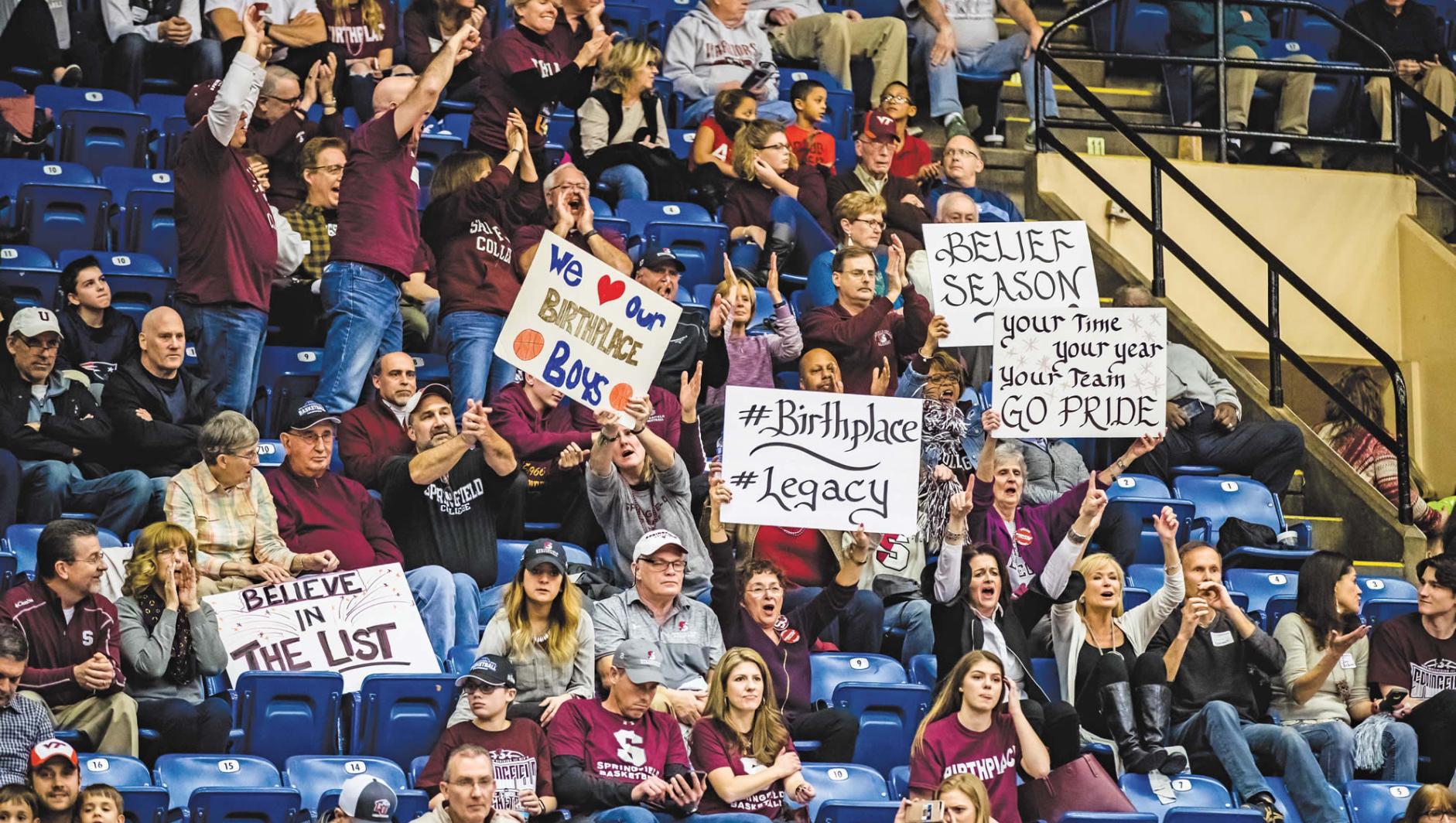 Clockwise from the top, Springfield College alumni, parents, and fans cheer on the Pride at the NCAA semifinals.