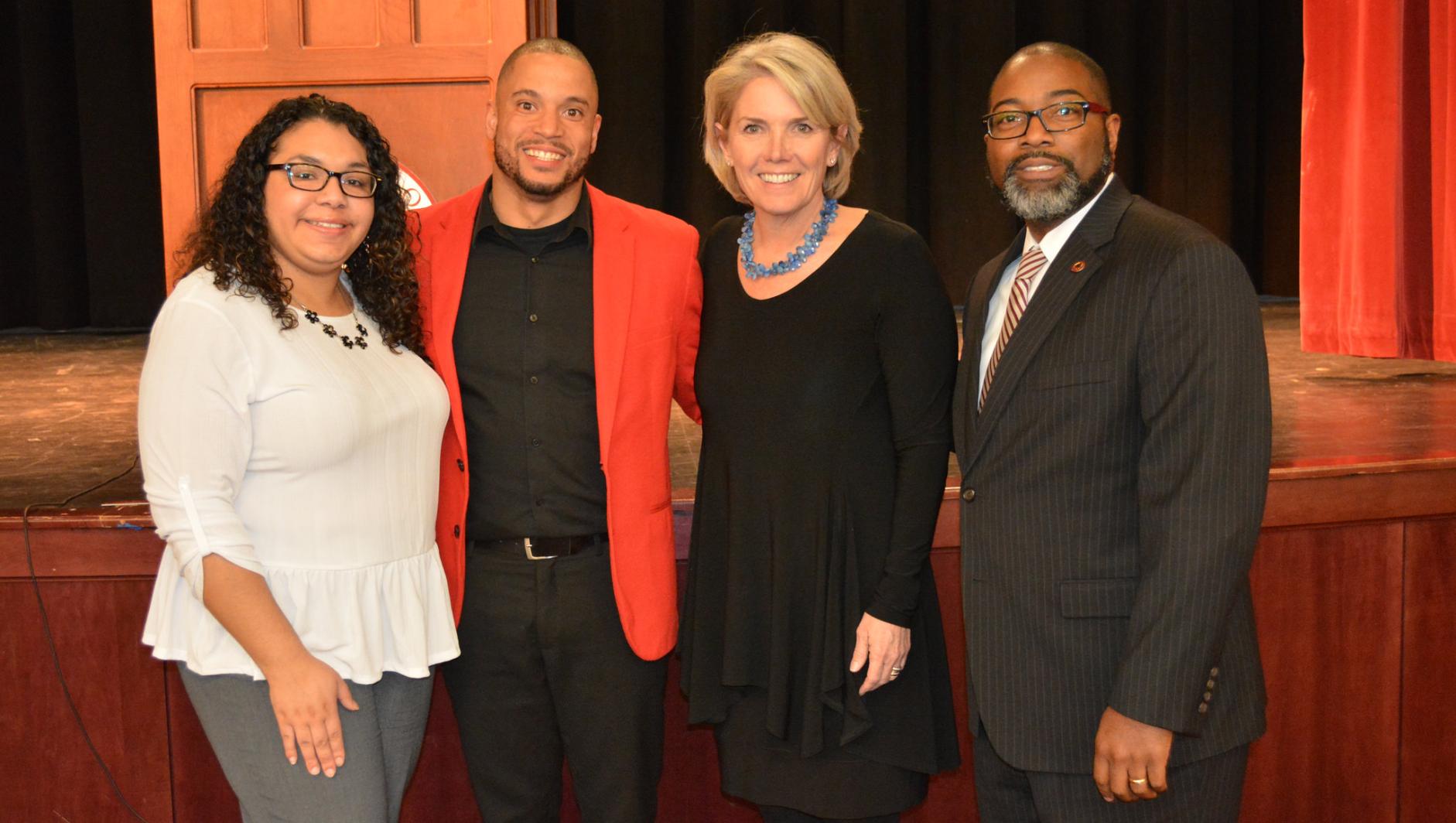 From left, Kellynette Gomez, Ravi K. Parry, PhD, President Cooper, and Calvin R. Hill, PhD, vice president for inclusion and community engagement at Springfield College.