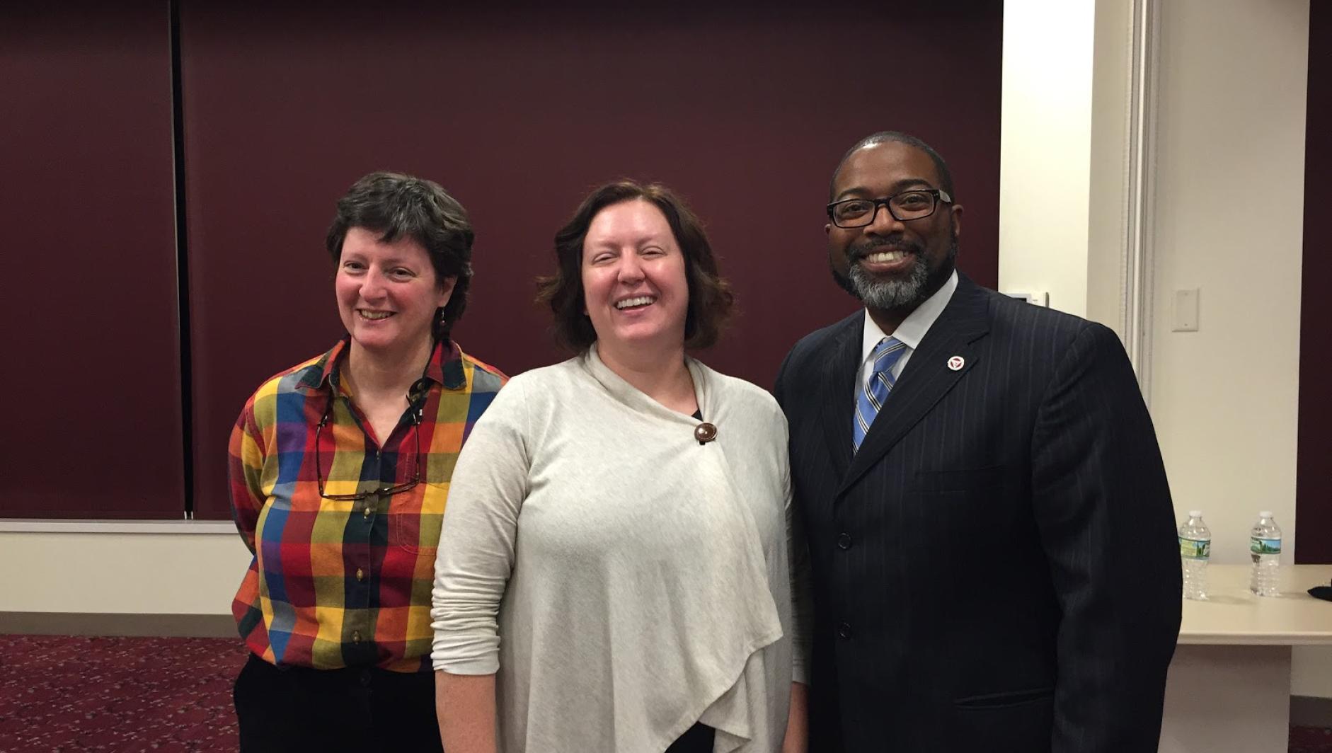 Social Psychologist and author Kim Case, PhD, with professor Laurel Davis-Delano and Vice President Calvin Hill. 