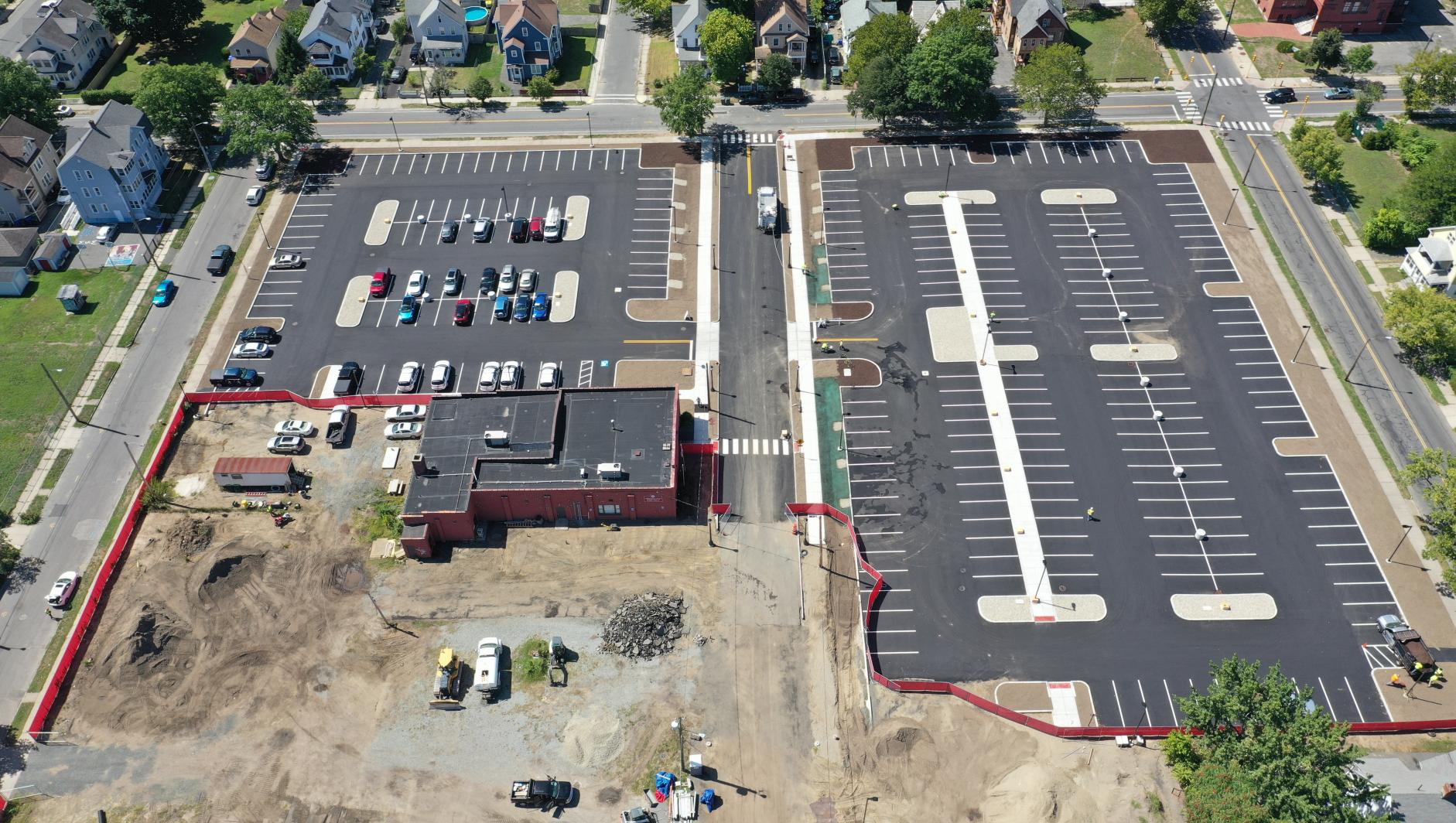 A drone view of the new parking lots on the Springfield College campus
