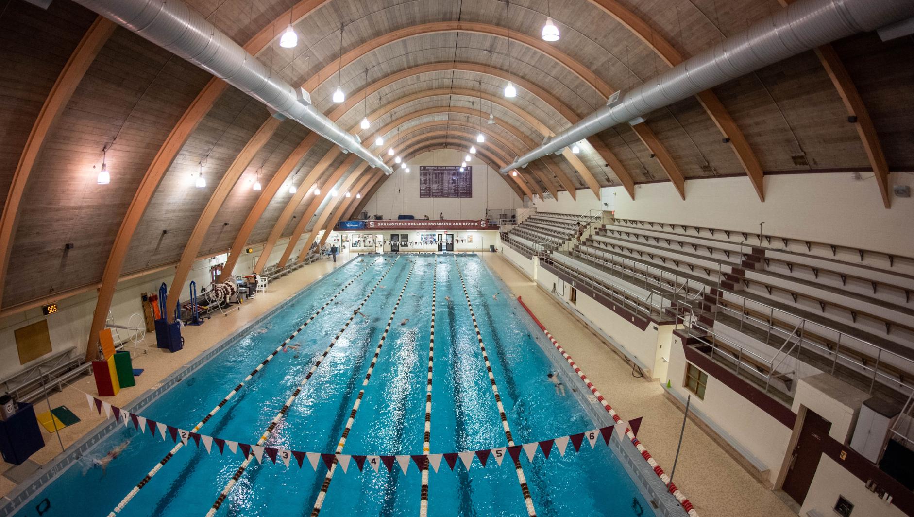 six-lane, 50-meter pool, with two one-meter and two three-meter diving board