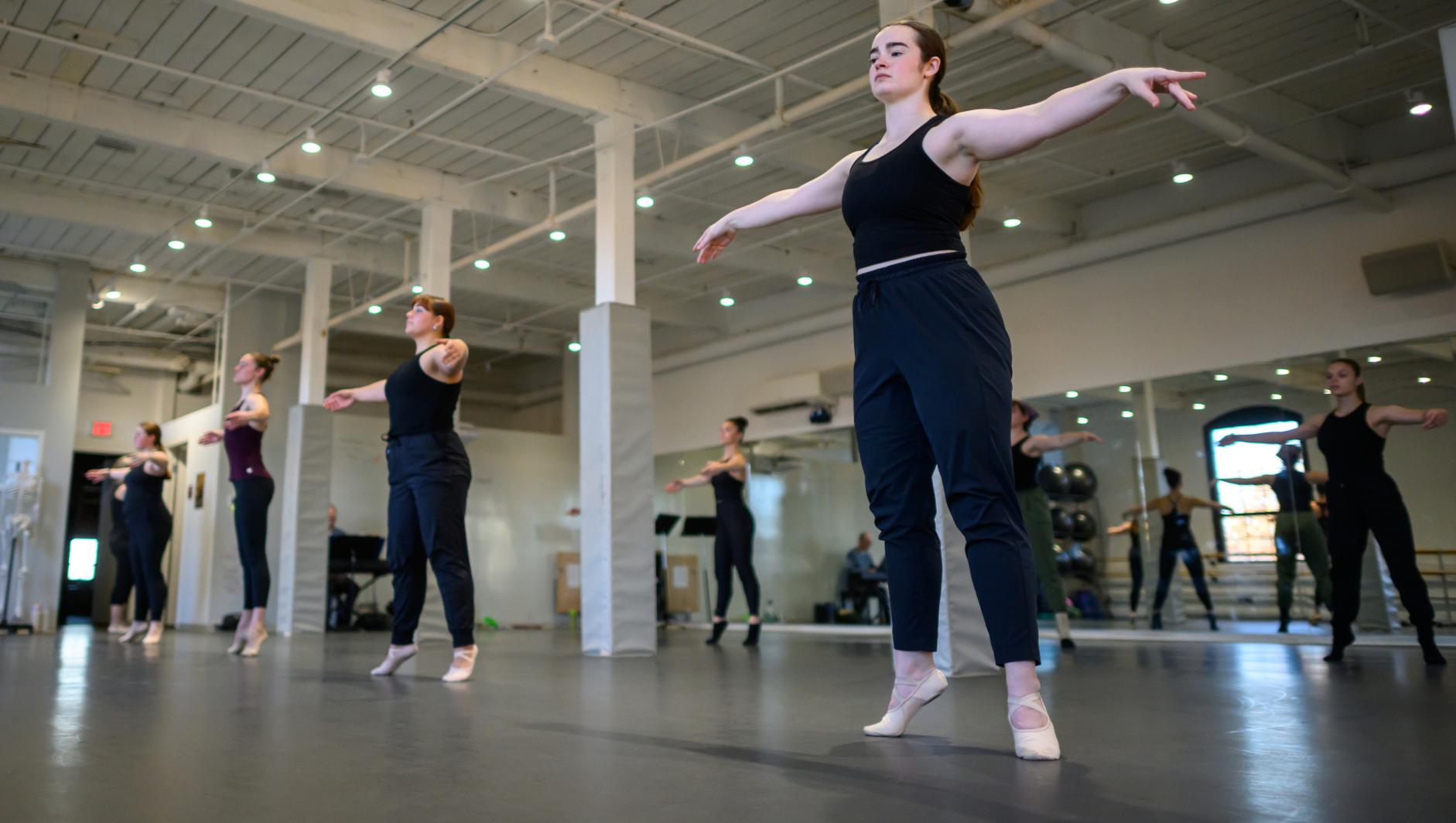Springfield College students dance during a ballet class in one of the college’s dance studios on November 12, 2024.