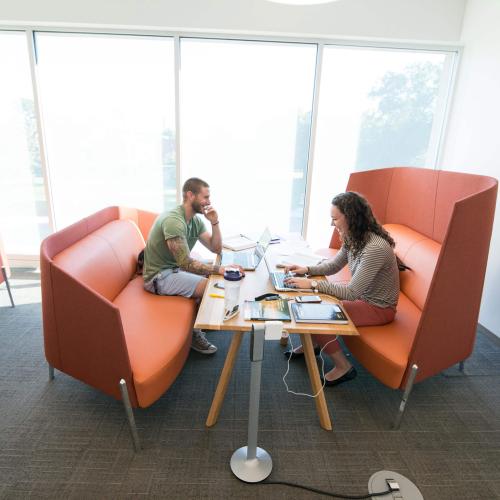 Students study together in a study nook in the Learning Commons.