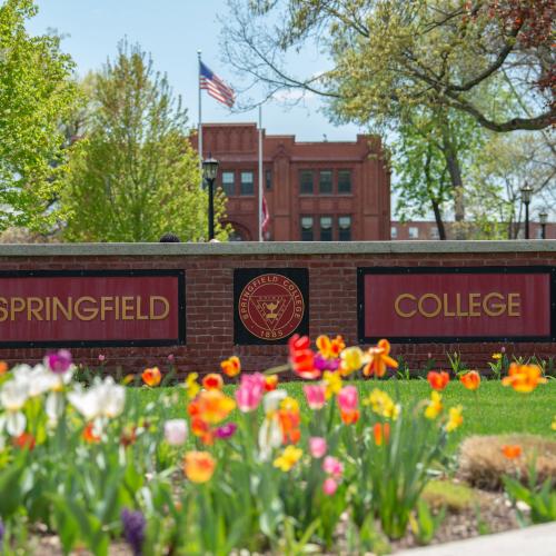 Springfield College sign on a beautiful spring day surrounded by tulips