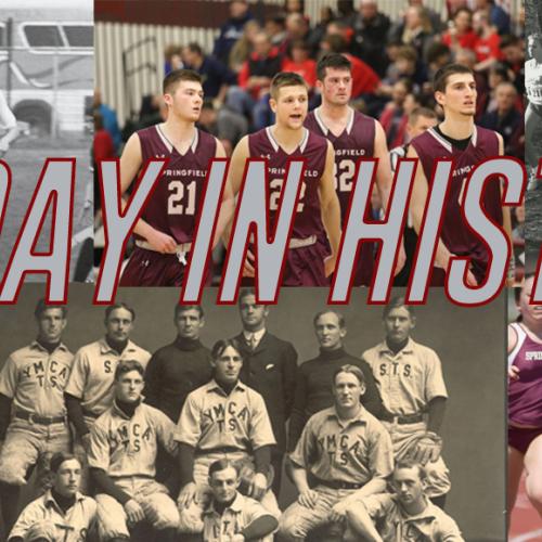 montage of historical athletics moments, a mix of male and female student-athletes and color and black and white photos, with the header Today in History over the montage