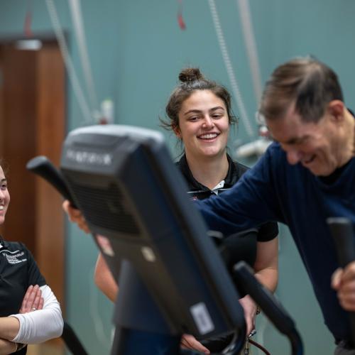 Physical therapy students work with community members during a Community Clinic in the Health Sciences Center at Springfield College