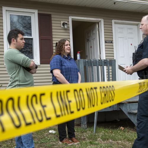 Springfield College criminal justice majors conduct a crime scene investigation lab with Professor John Barbieri on campus on Friday, April 8, 2022