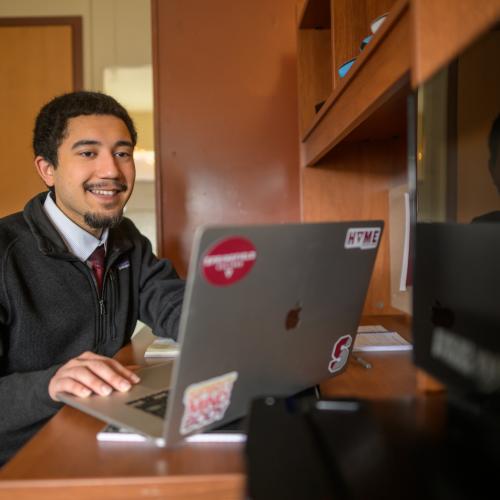 Springfield College dorm room photoshoot inside International Residence Hall on March 23, 2026.
