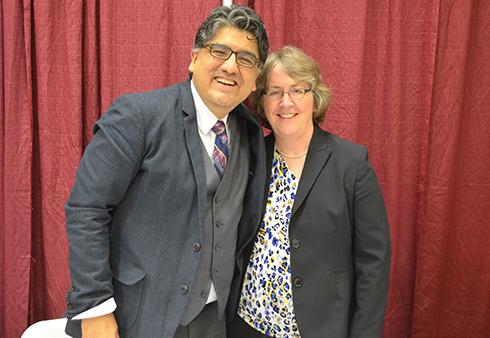 Author Sherman Alexie poses with Dean Anne Herzog at the Arts and Humanities Speaker Series.