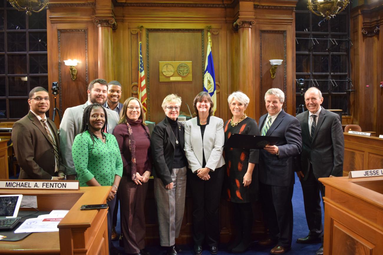 Springfield College professor of exercise science and sport studies Sue Guyer and Springfield College were honored with a Proclamation at the Springfield City Council Meeting on October 22, 2018. 