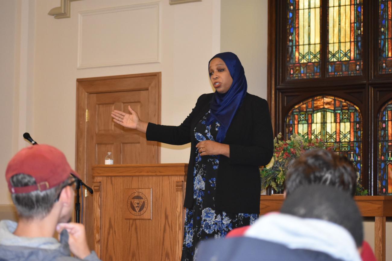 Springfield College welcomed Tahirah Amatul-Wadud to the campus on Monday, Oct. 15, in the Marsh Memorial Chapel.