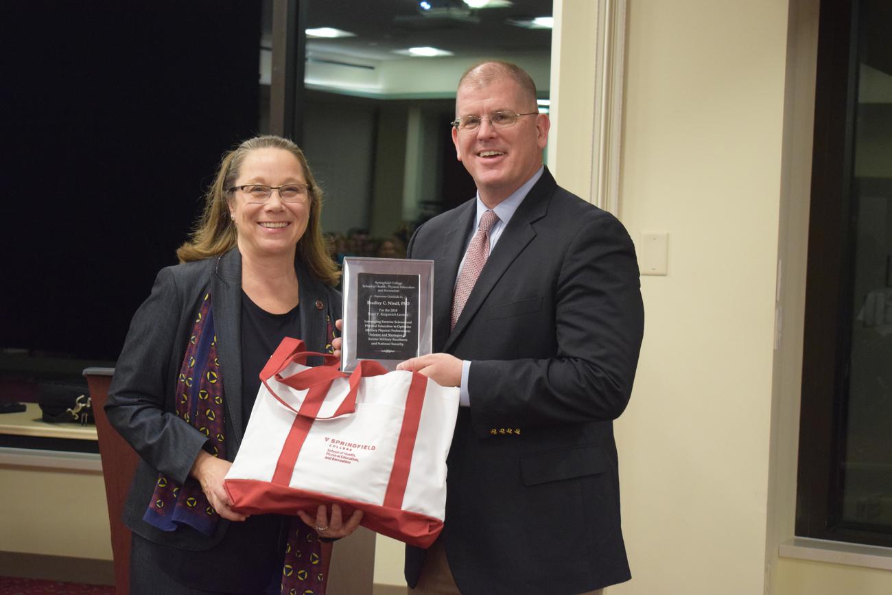 The Springfield College School of Health, Physical Education, and Recreation presented the Peter V. Karpovich Lecture featuring Army reservist Bradley C. Nindl, professor in the Department of Sports Medicine and Nutrition in the School of Health and Rehabilitation Sciences at the University of Pittsburgh, on Wednesday, Nov. 14, 2018.