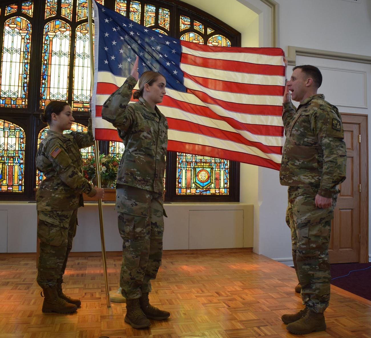 In a recent ceremony on campus recognizing the ROTC grants, Springfield College junior and ROTC scholarship recipient Madelyn Reppucci was recognized at an official ROTC signing and swearing-in ceremony in the Marsh Memorial Chapel.