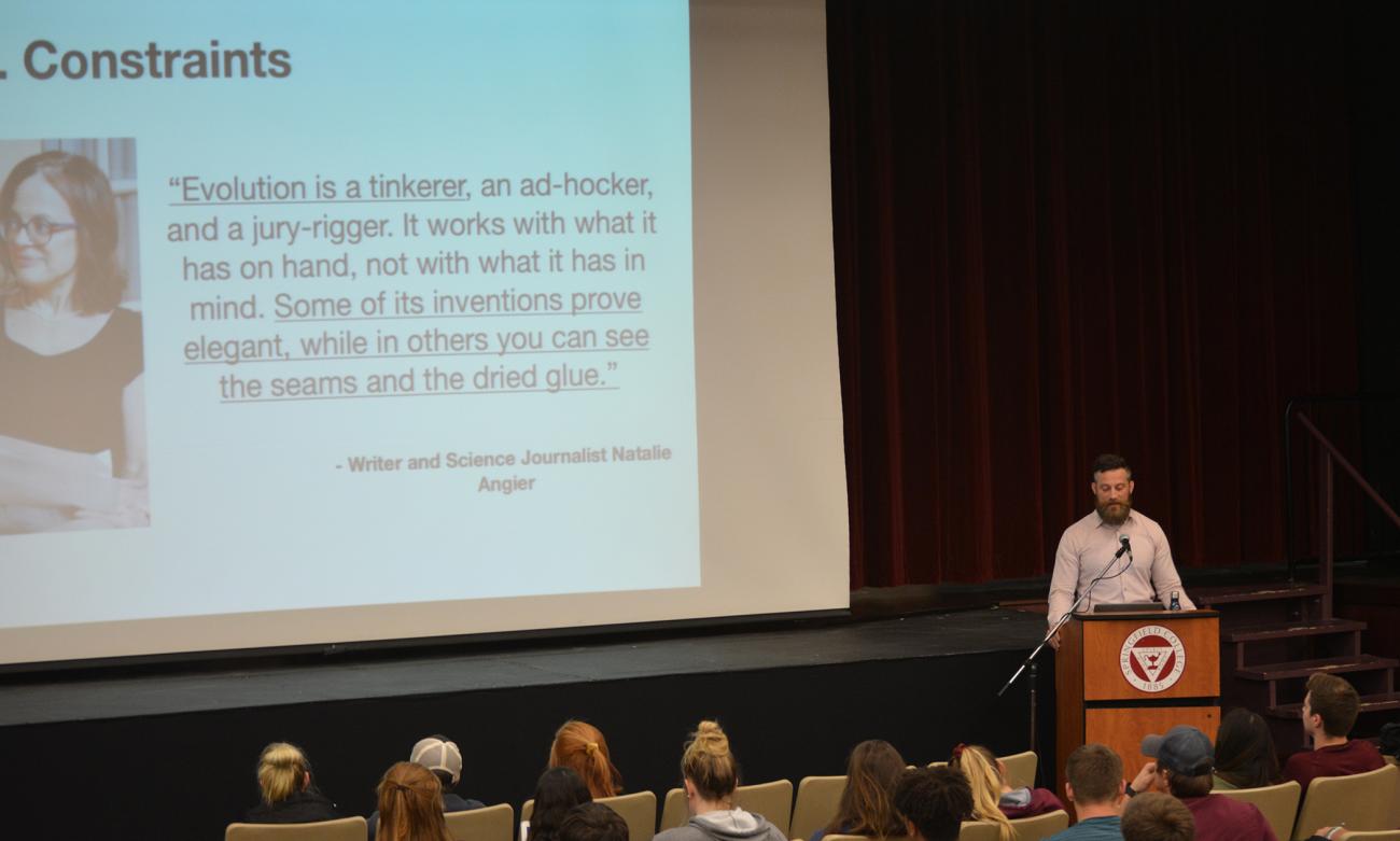 The Springfield College Department of Biology and Chemistry presented the 23rd annual Britton C. and Lucille McCabe Lecture featuring Calen Ryan on Thursday, April 11, in the Appleton Auditorium in the Fuller Arts Center. Ryan’s presentation, “Evolution in Medicine, Human Reproduction, and Health,” focused on biomedical science and how it has improved the human condition, and has a remarkable legacy of cataloguing and mitigating disease.