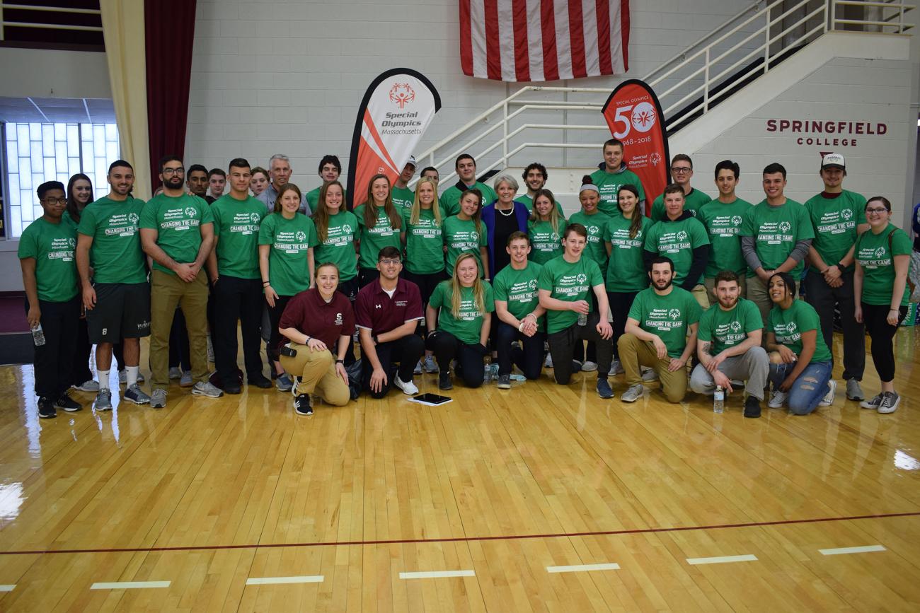 The Springfield College Department of Sport Management and Recreation, in collaboration with the Special Olympics of Massachusetts, hosted its annual volleyball tournament at Blake Arena and the Field House inside the Wellness and Recreation Complex on Sunday, April 28.