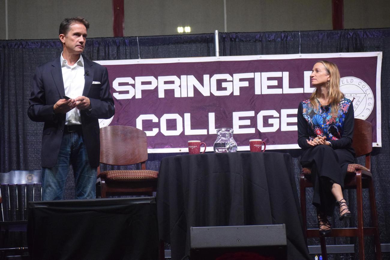 Springfield College hosted deep ocean explorer and environmentalist Fabien Cousteau, left, and explorer and filmmaker Céline Cousteau, right, for an evening entitled, "One Ocean, One People: The Cousteau Legacy and a Call for Environmental Action," on Thursday, Oct. 24.
