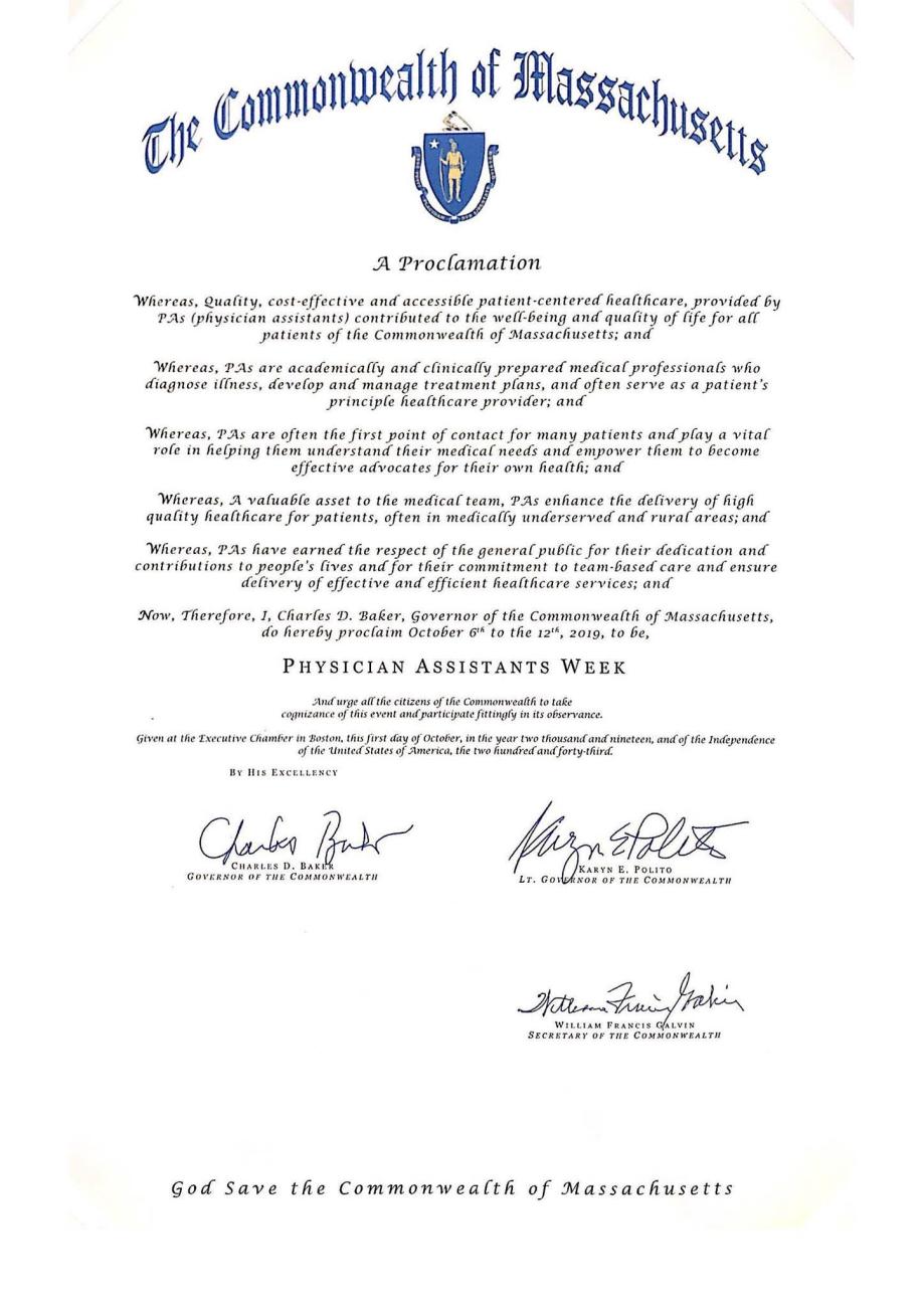 A Proclamation from Gov. Charles Baker of Massachusetts declaring PA Week in 2019