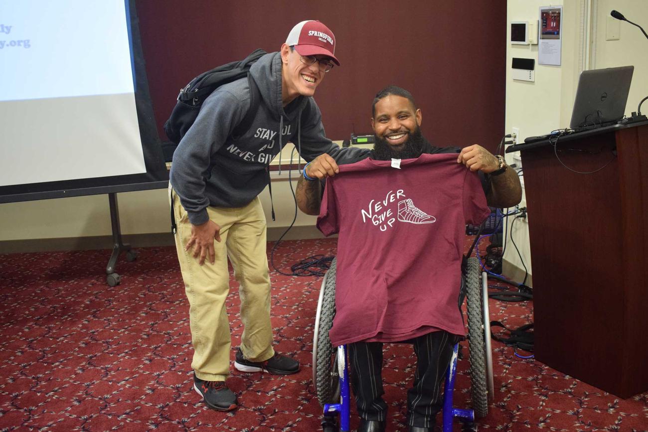 Springfield College welcomed inspirational speaker, philanthropist, and adaptive bodybuilder Wesley Hamilton to the campus on Tuesday, Oct. 8, 2019, in the Cleveland E. and Phyllis B. Dodge Room in the Flynn Campus Union.