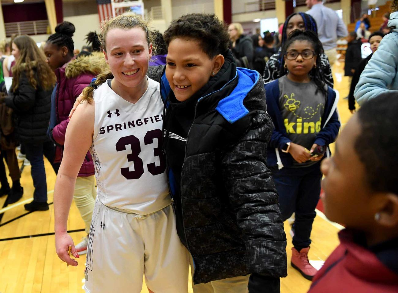 The Springfield College Division of Inclusion and Community Engagement, along with Springfield College Athletics, welcomed more than 250 students from Elias Brookings, William N. DeBerry, and Walsh Elementary Schools on Tuesday, Jan. 7 at Blake Arena when the Pride hosted Smith College.