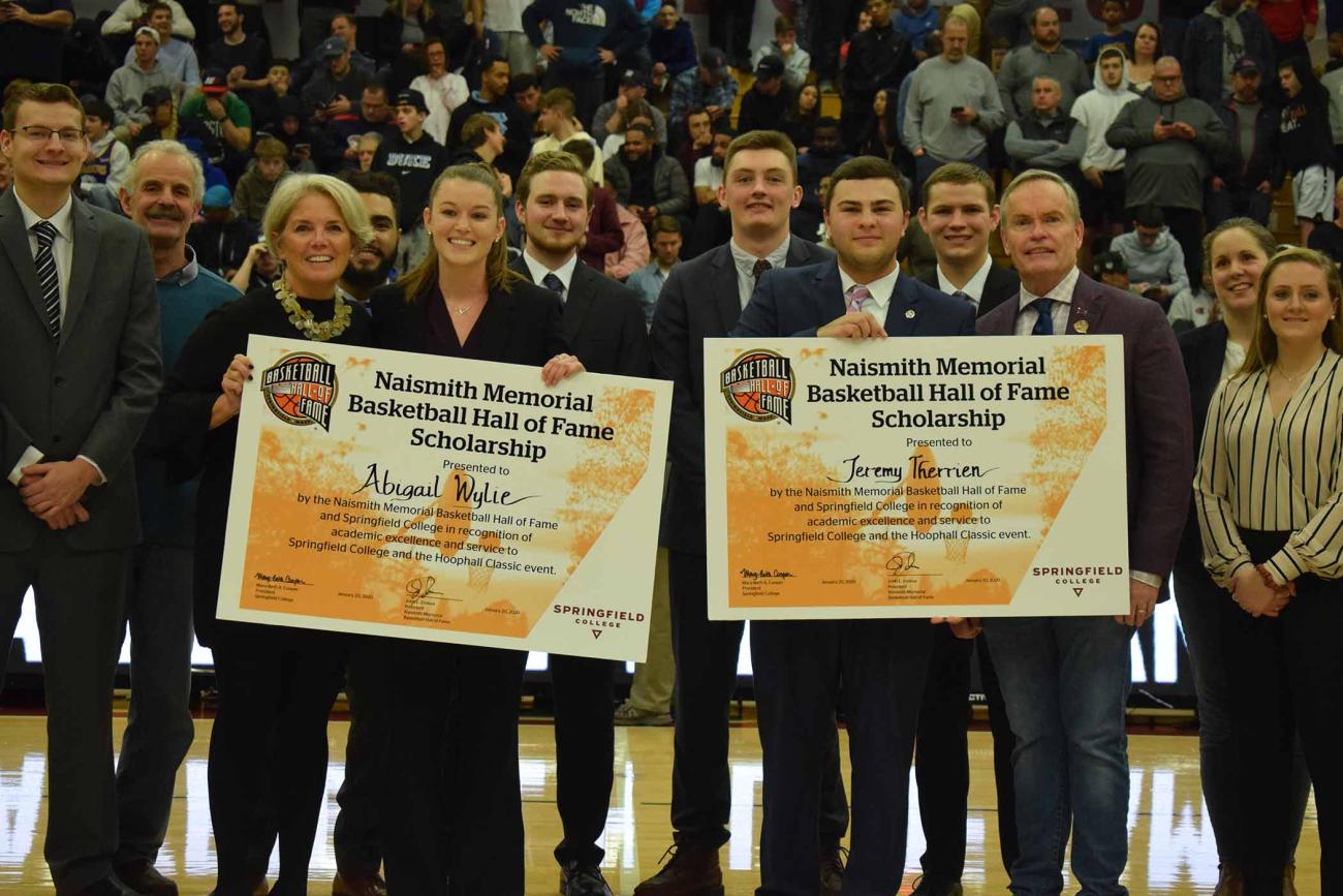 Springfield College and the Naismith Memorial Basketball Hall of Fame presented the eighth annual Naismith Memorial Basketball Hall of Fame Scholarship to Springfield College sport management students Jeremy Therrien and Abigail Wylie. The formal presentation was made during the 2020 Spalding Hoophall Classic at Blake Arena.