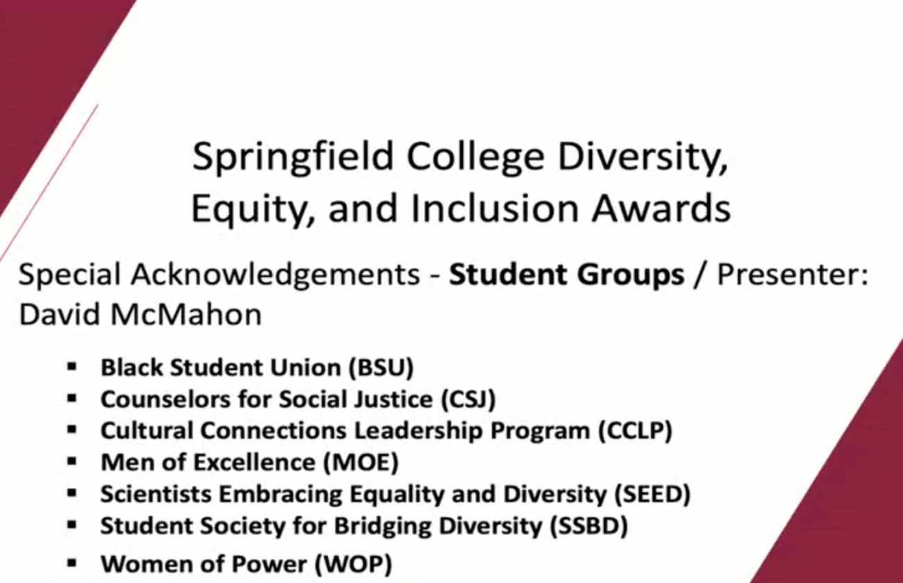 Special Acknowledgements - Student Groups / Presenter: David McMahon   Black Student Union (BSU) Counselors for Social Justice (CSJ) Cultural Connections Leadership Program (CCLP) Latinx Student Organization (LSO) Men of Excellence (MOE) Scientists Embracing Equality and Diversity (SEED) Student Society for Bridging Diversity (SSBD) Women of Power (WOP)