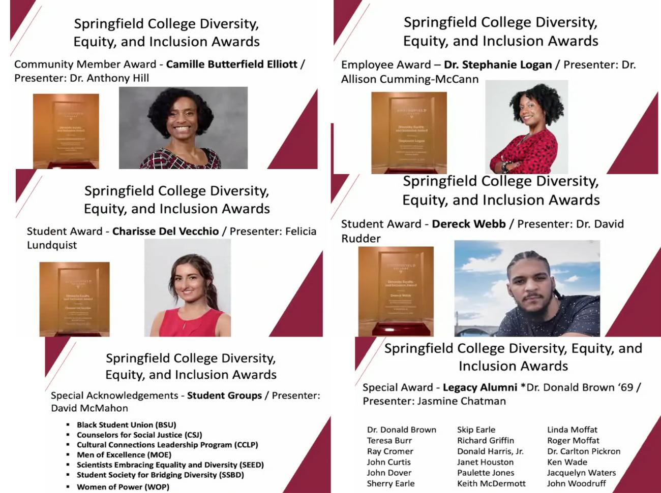 As part of the Springfield College eighth annual Martin Luther King Jr. Lecture, the third annual Springfield College Diversity, Equity, and Inclusion Awards were presented to members and student-groups within the Springfield College community, as well as the Springfield community. The awards recognize those who have made a significant contribution to diversity and inclusion on campus or in the Springfield community.