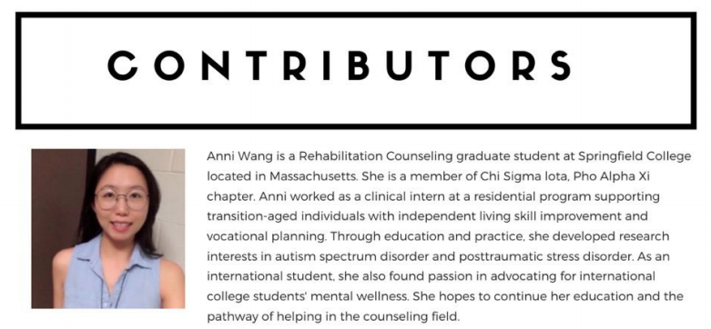 Springfield College graduate student in Rehabilitation Counseling, Ani Wang, recently wrote a story about being an Asian international student in the time of COVID-19, and was published in the North Atlantic Region Association for Counselor Education and Supervision student newsletter. 